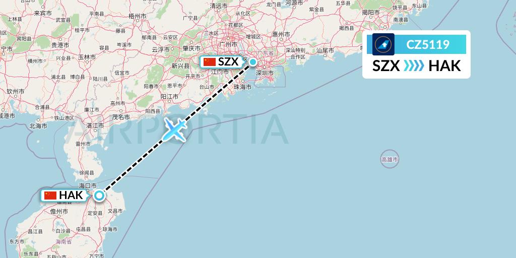 CZ5119 China Southern Airlines Flight Map: Shenzhen to Haikou
