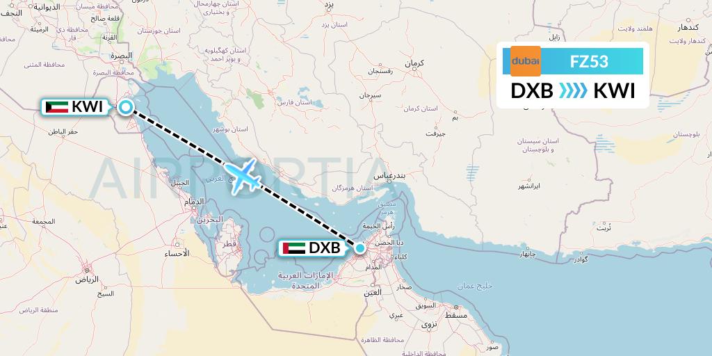 FZ53 FlyDubai Flight Map: Dubai to Kuwait City