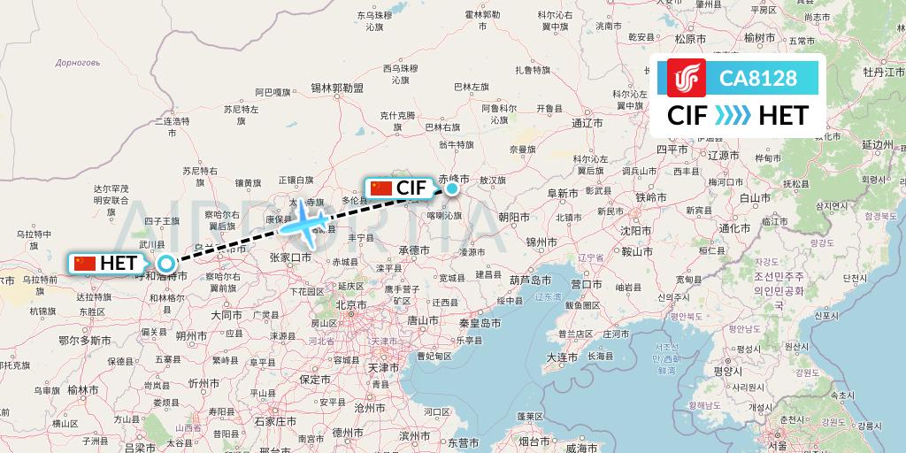 CA8128 Air China Flight Map: Chifeng to Hohhot