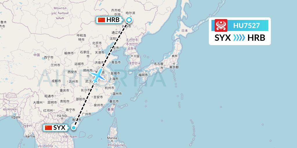 HU7527 Hainan Airlines Flight Map: Sanya to Harbin