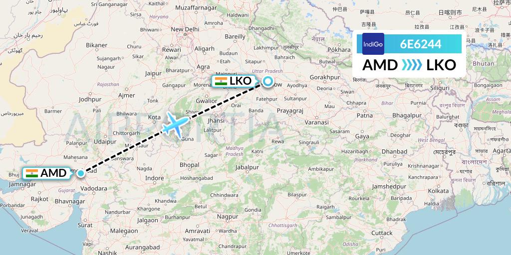 6E6244 IndiGo Airlines Flight Map: Ahmedabad to Lucknow
