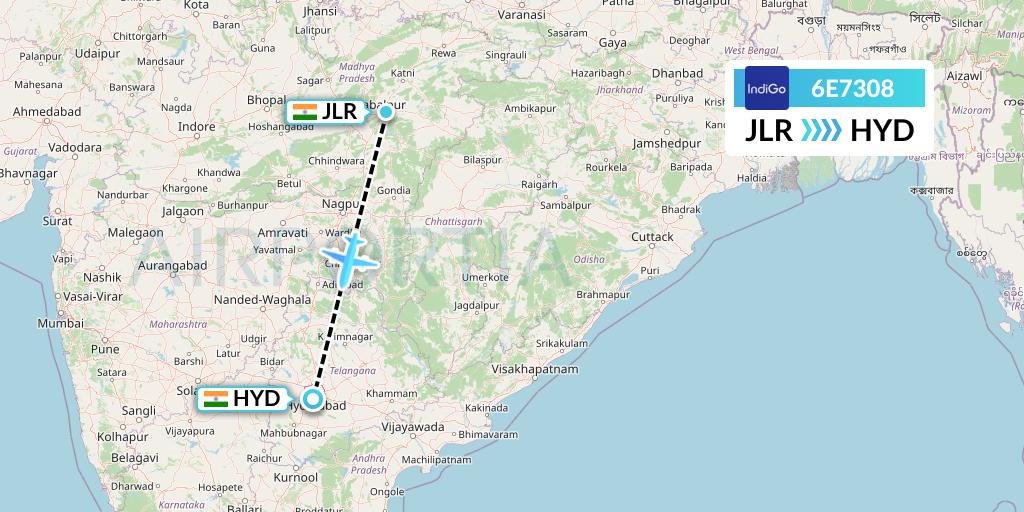 6E7308 IndiGo Airlines Flight Map: Jabalpur to Hyderabad