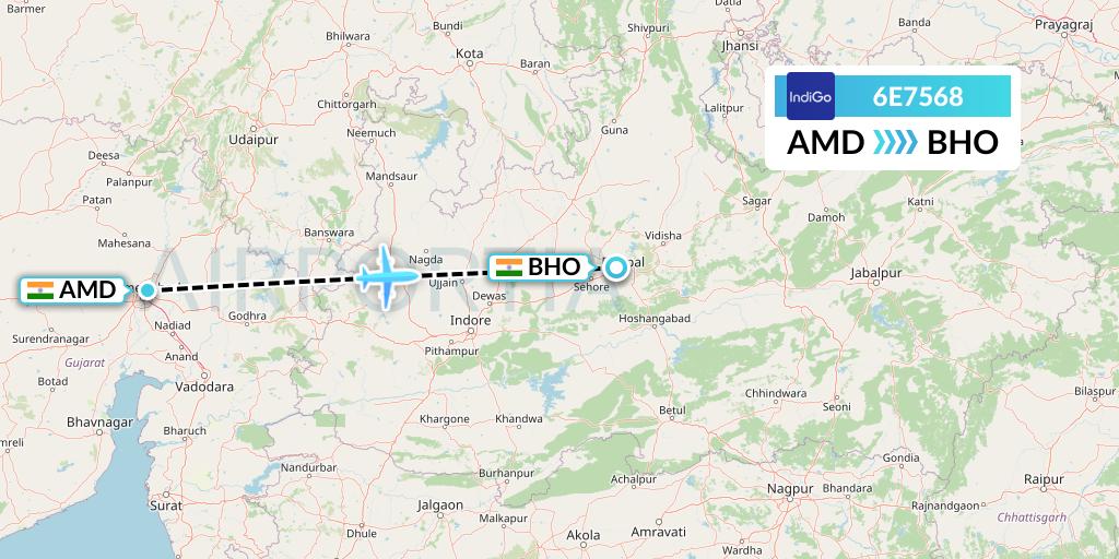 6E7568 IndiGo Airlines Flight Map: Ahmedabad to Bhopal