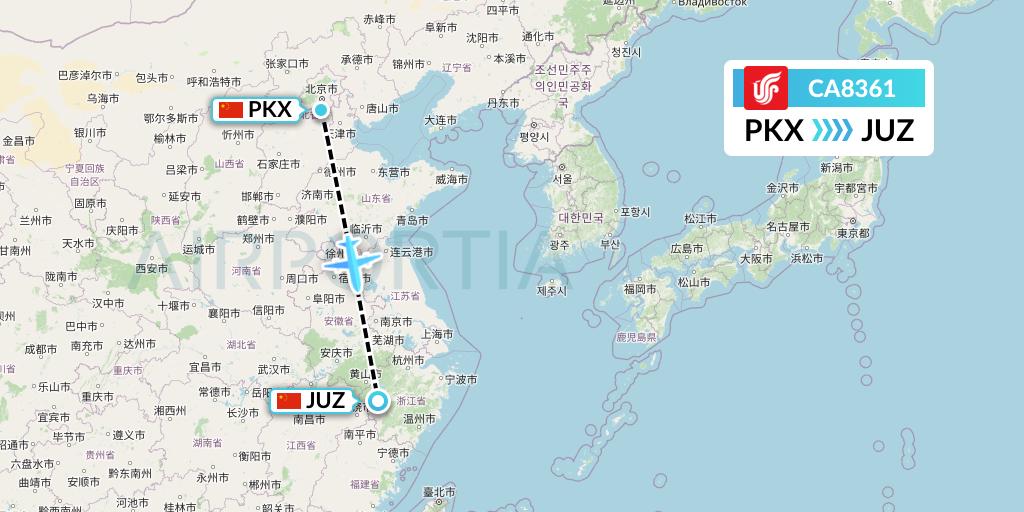 CA8361 Air China Flight Map: Beijing to Quzhou