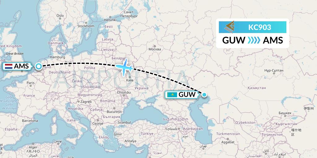 KC903 Air Astana Flight Map: Atyrau to Amsterdam