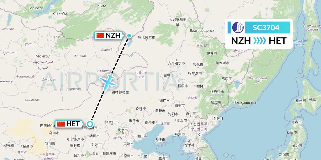 SC3704 Shandong Airlines Flight Map: Manzhouli to Hohhot