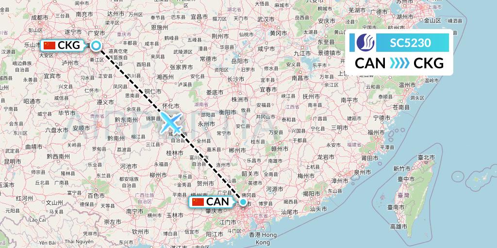 SC5230 Shandong Airlines Flight Map: Guangzhou to Chongqing