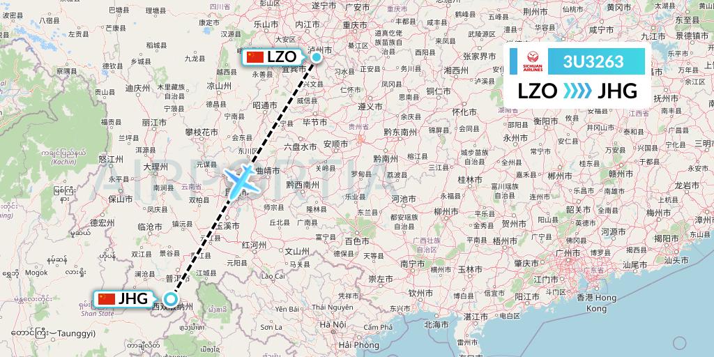 3U3263 Sichuan Airlines Flight Map: Luzhou to Jinghong