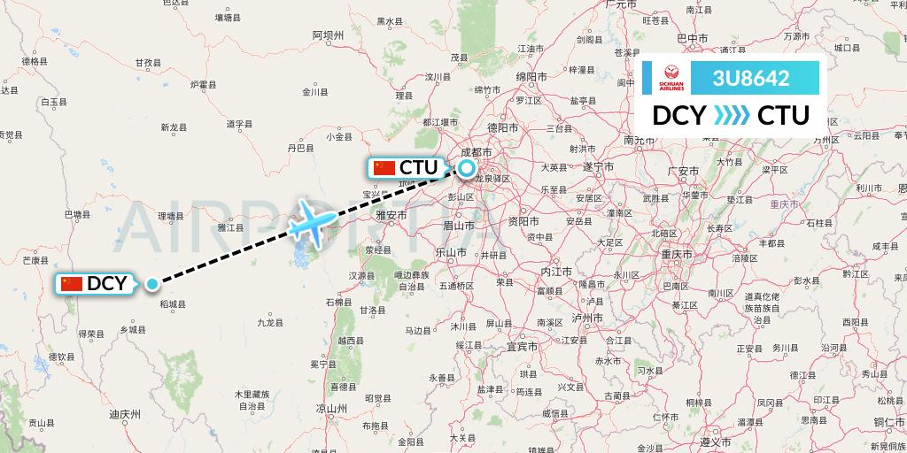 3U8642 Sichuan Airlines Flight Map: Daocheng to Chengdu