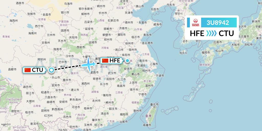 3U8942 Sichuan Airlines Flight Map: Hefei to Chengdu