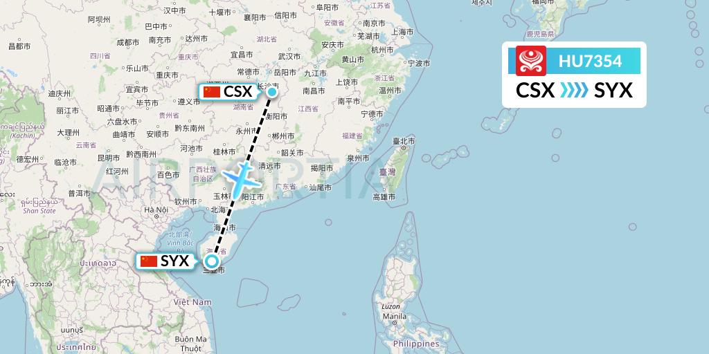 HU7354 Hainan Airlines Flight Map: Changsha to Sanya