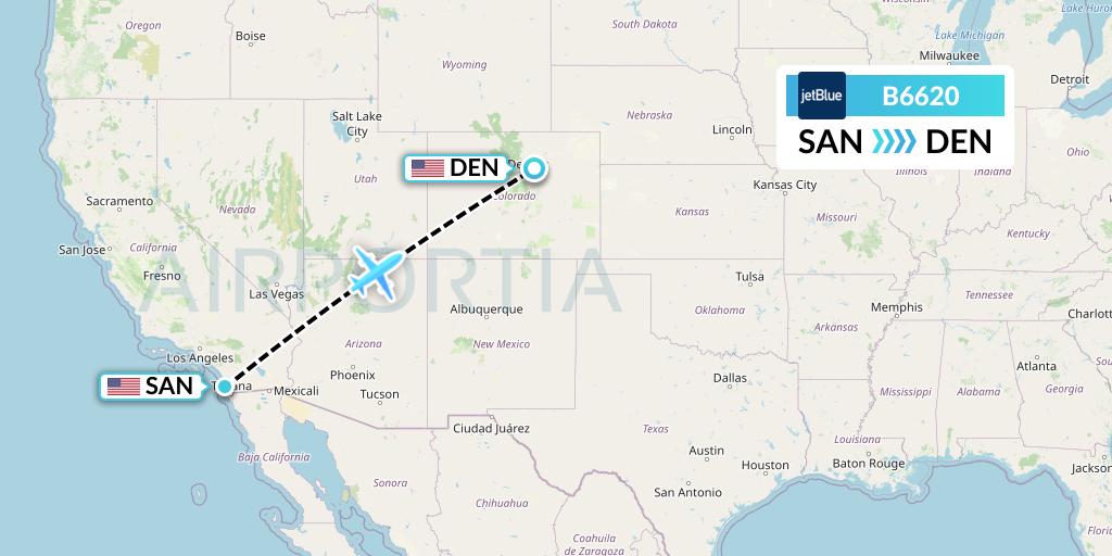 B6620 JetBlue Airways Flight Map: San Diego to Denver