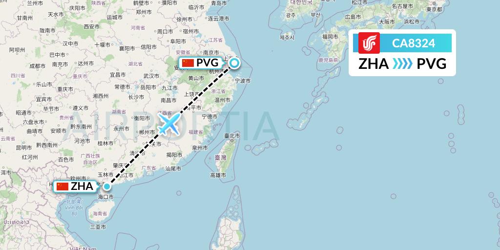 CA8324 Air China Flight Map: Zhanjiang to Shanghai