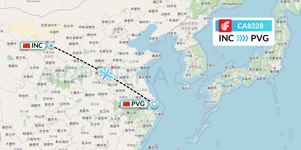 CA8328 Air China Flight Map: Yinchuan to Shanghai