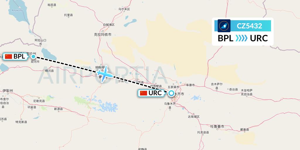 CZ5432 China Southern Airlines Flight Map: Bole to Urumqi