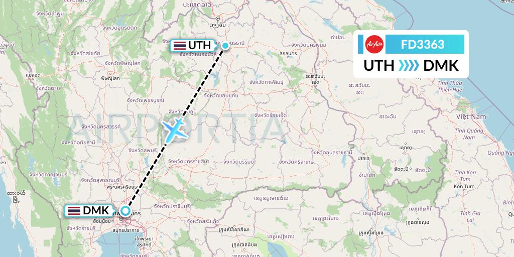 FD3363 Thai AirAsia Flight Map: Udon Thani to Bangkok