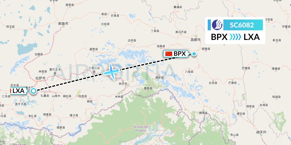 SC6082 Shandong Airlines Flight Map: Bangda to Lhasa