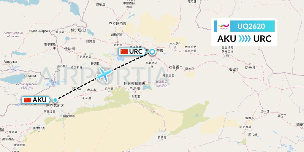 UQ2620 Urumqi Airlines Flight Map: Aksu to Urumqi