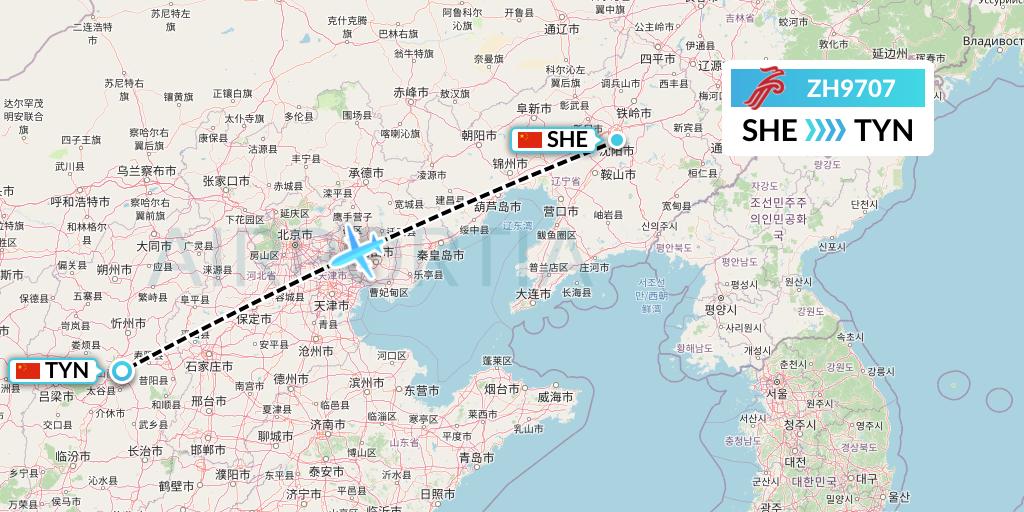 ZH9707 Shenzhen Airlines Flight Map: Shenyang to Taiyuan