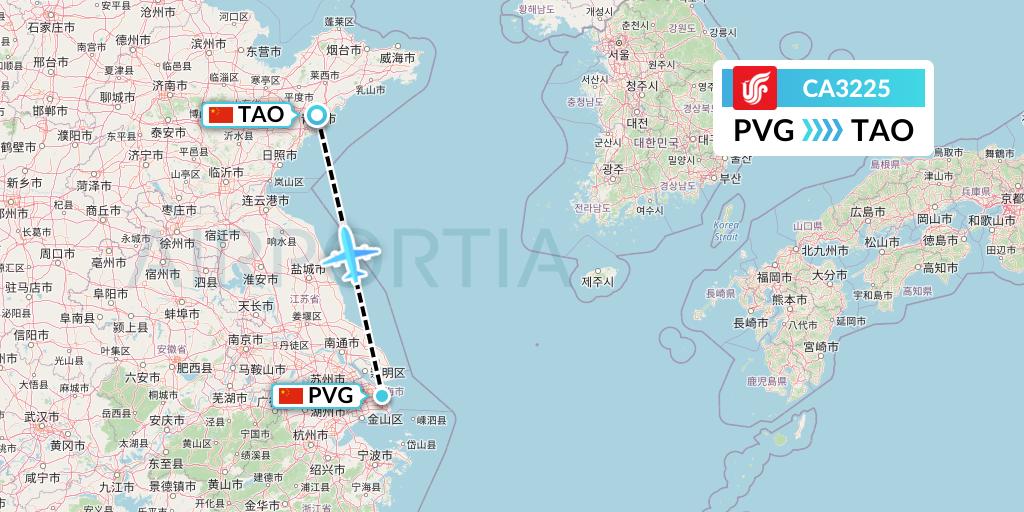 CA3225 Air China Flight Map: Shanghai to Qingdao