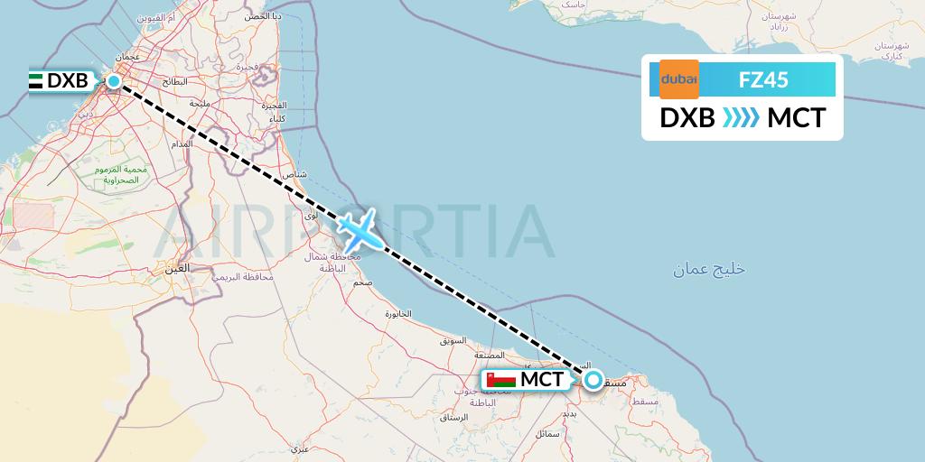 FZ45 FlyDubai Flight Map: Dubai to Muscat