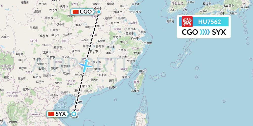 HU7562 Hainan Airlines Flight Map: Zhengzhou to Sanya