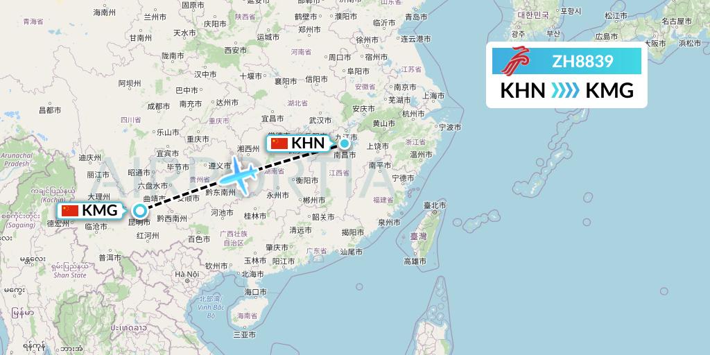 ZH8839 Shenzhen Airlines Flight Map: Nanchang to Kunming