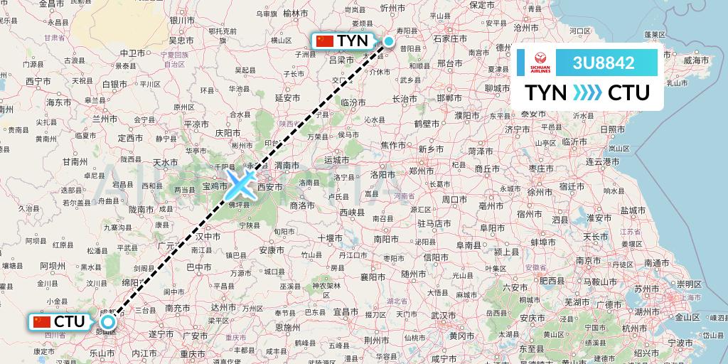 3U8842 Sichuan Airlines Flight Map: Taiyuan to Chengdu