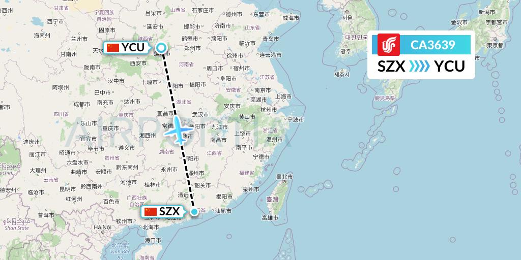 CA3639 Air China Flight Map: Shenzhen to Yuncheng