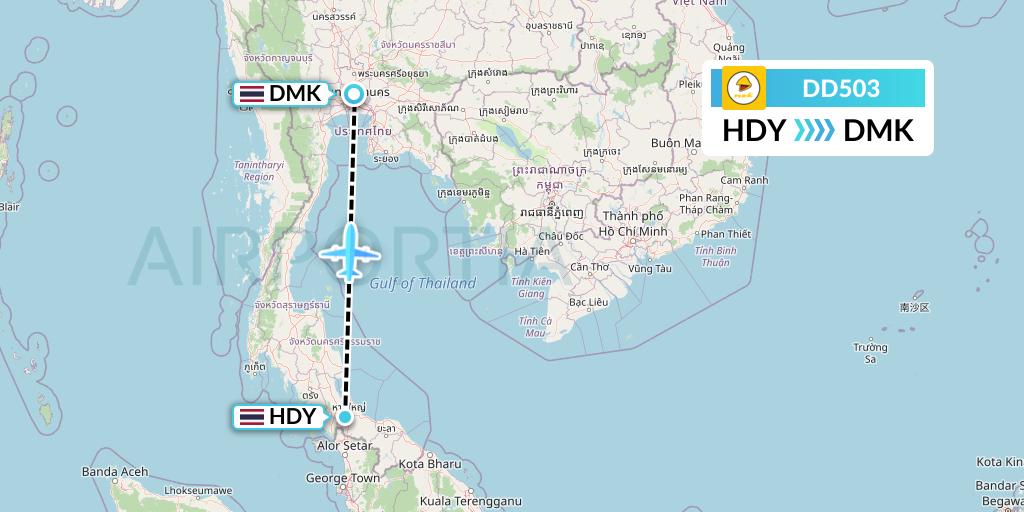 DD503 Nok Air Flight Map: Hat Yai to Bangkok
