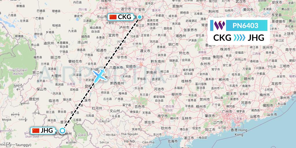 PN6403 China West Air Flight Map: Chongqing to Jinghong