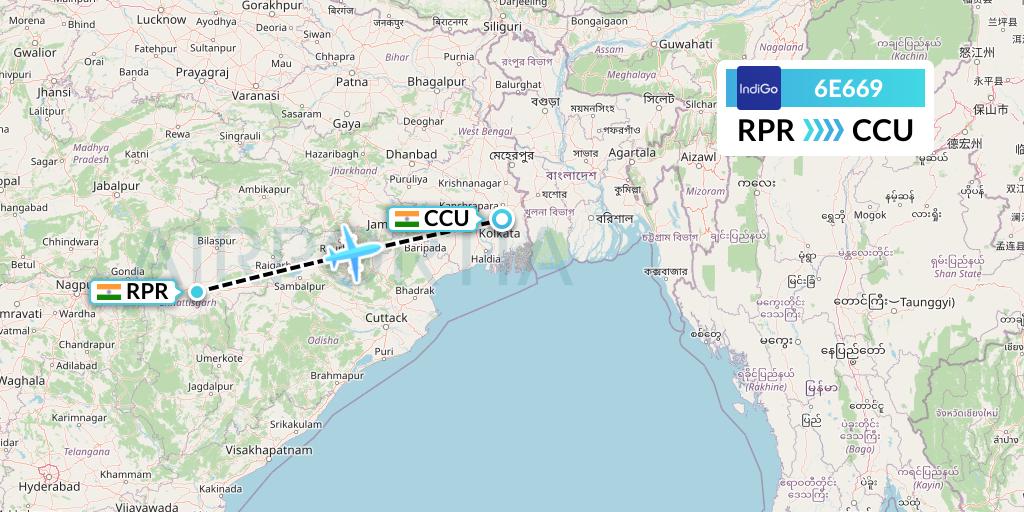 6E669 IndiGo Airlines Flight Map: Raipur to Kolkata