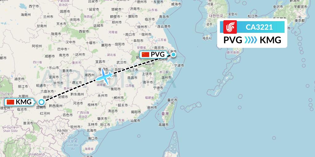CA3221 Air China Flight Map: Shanghai to Kunming