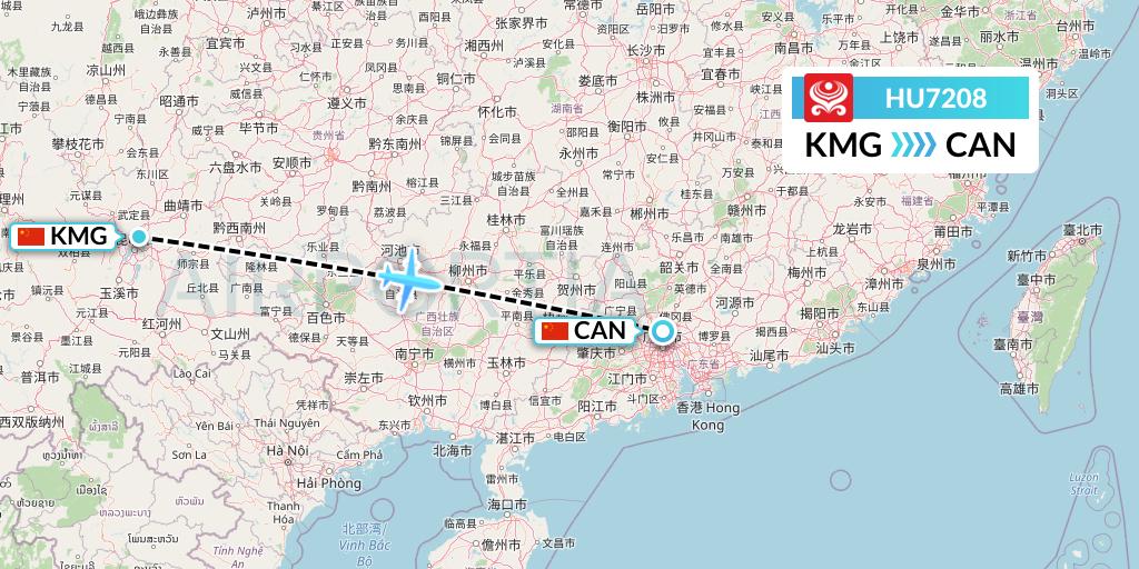 HU7208 Hainan Airlines Flight Map: Kunming to Guangzhou