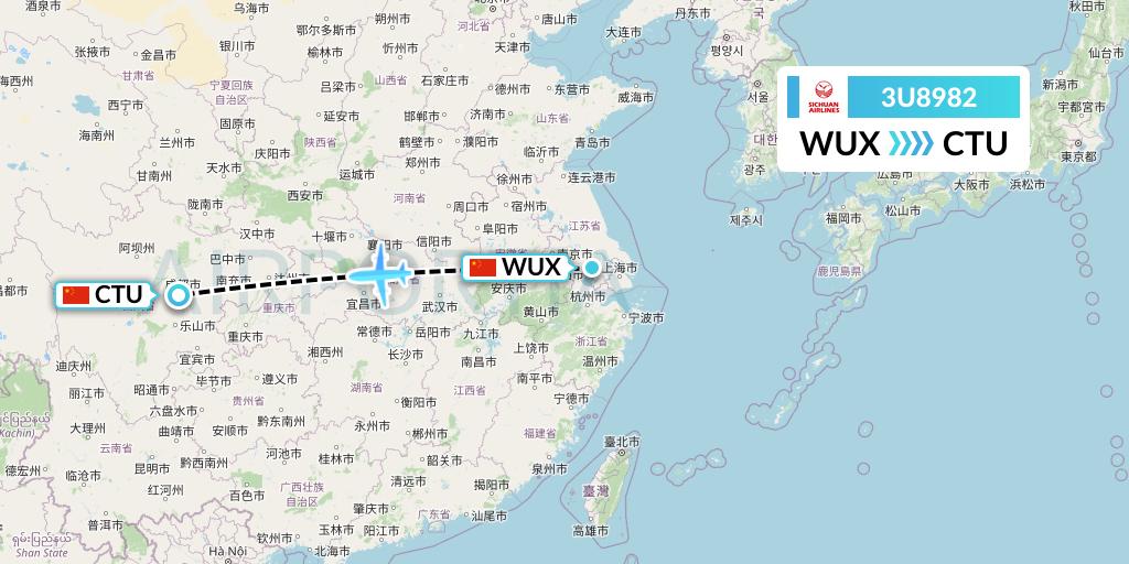 3U8982 Sichuan Airlines Flight Map: Wuxi to Chengdu