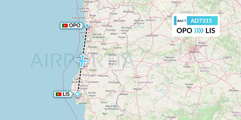 AD7315 Azul Brazilian Airlines Flight Map: Porto to Lisbon