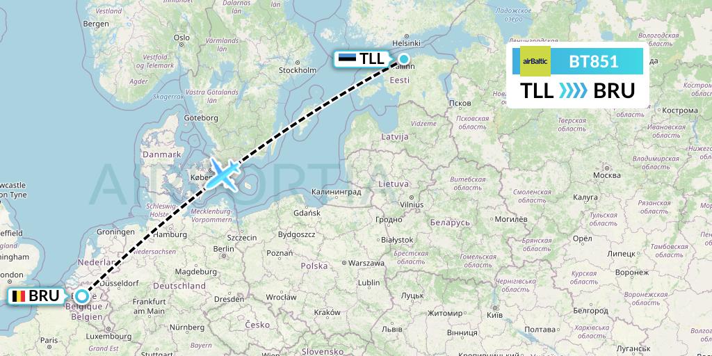 BT851 Air Baltic Flight Map: Tallinn to Brussels