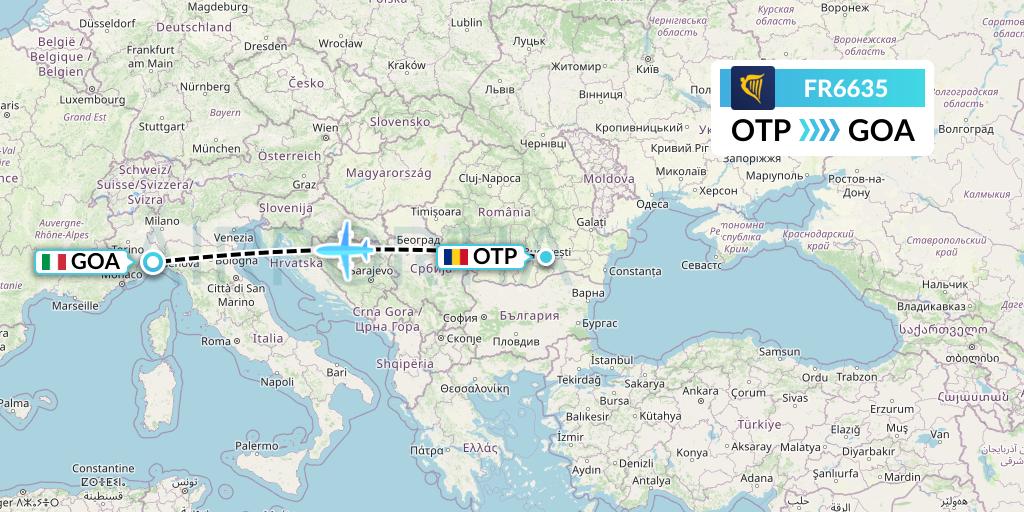 FR6635 Ryanair Flight Map: Bucharest to Genoa