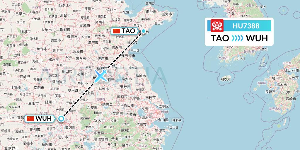 HU7388 Hainan Airlines Flight Map: Qingdao to Wuhan