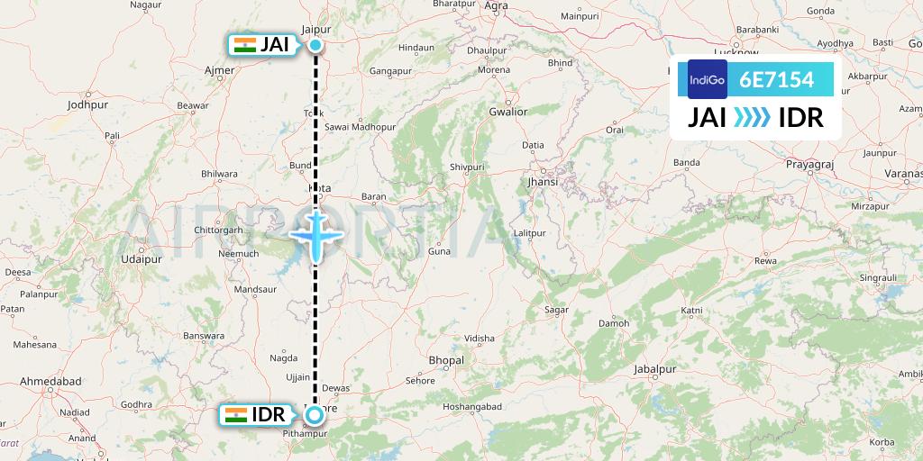 6E7154 IndiGo Airlines Flight Map: Jaipur to Indore