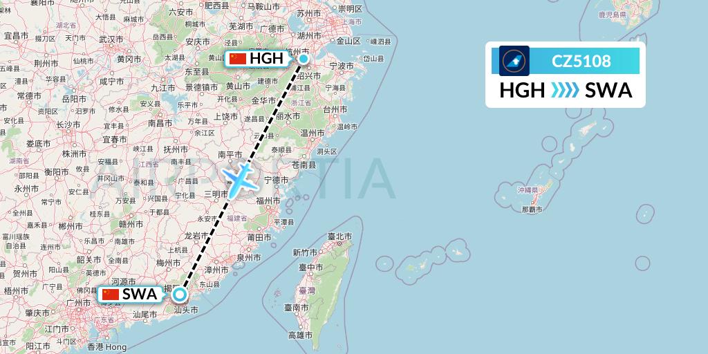CZ5108 China Southern Airlines Flight Map: Hangzhou to Jieyang