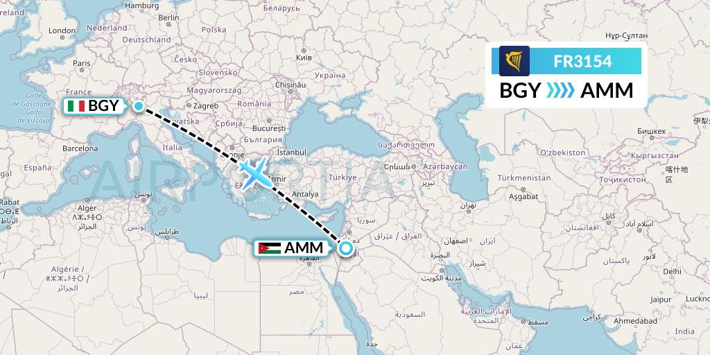 FR3154 Ryanair Flight Map: Milan to Amman