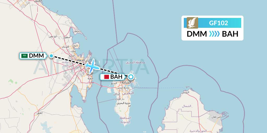 GF102 Gulf Air Flight Map: Dammam to Bahrain