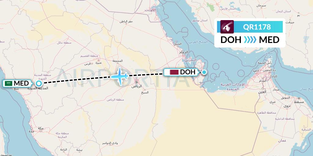 QR1178 Qatar Airways Flight Map: Doha to Medina
