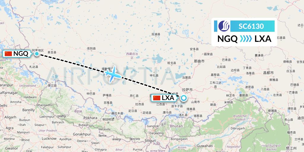 SC6130 Shandong Airlines Flight Map: Ngari to Lhasa