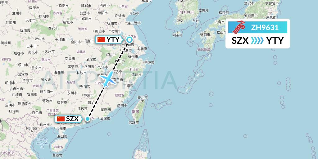ZH9631 Shenzhen Airlines Flight Map: Shenzhen to Yangzhou