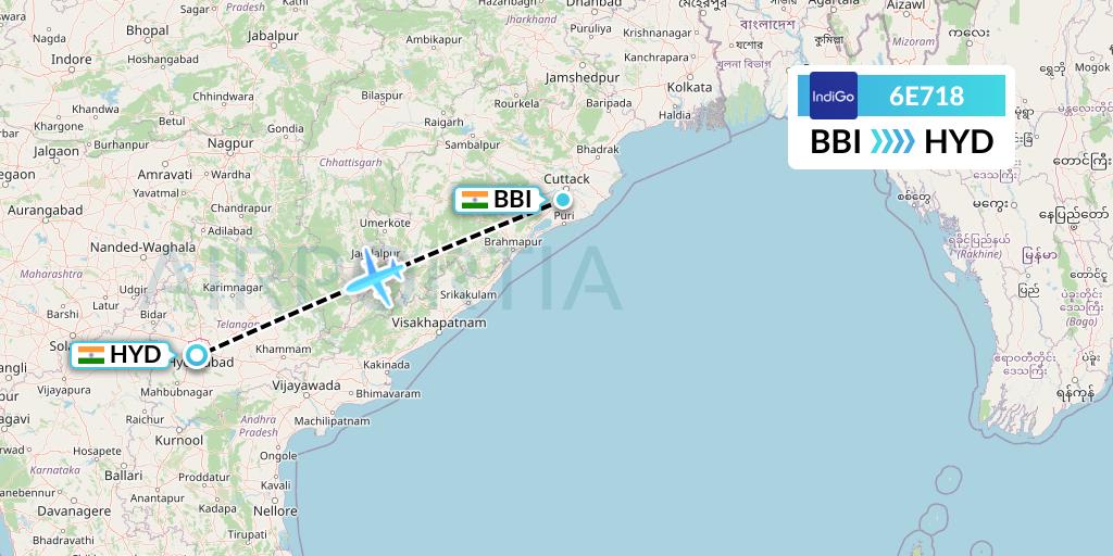 6E718 IndiGo Airlines Flight Map: Bhubaneswar to Hyderabad
