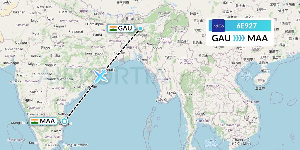 6E927 IndiGo Airlines Flight Map: Guwahati to Chennai