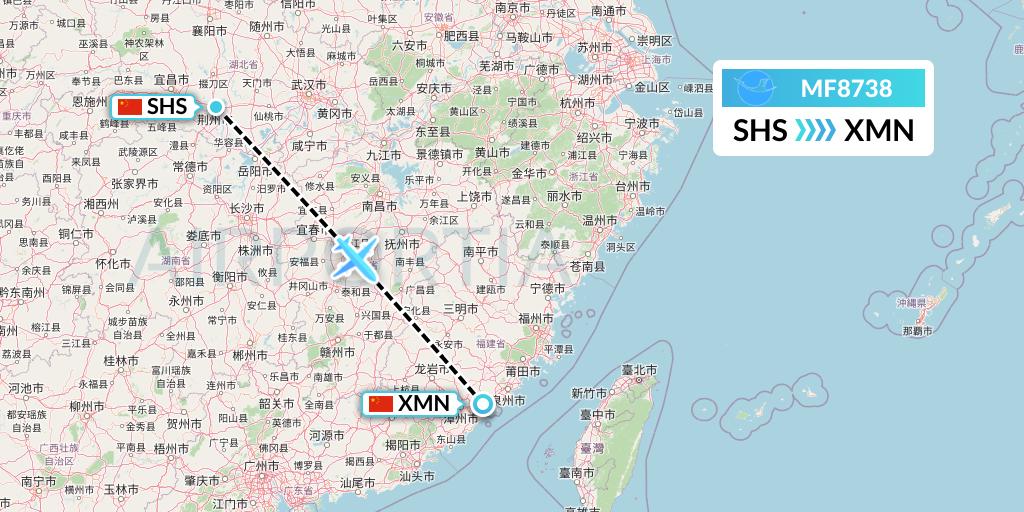 MF8738 Xiamen Airlines Flight Map: Shashi to Xiamen