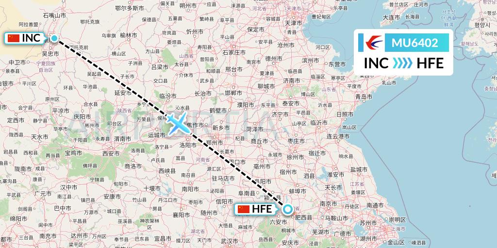 MU6402 China Eastern Airlines Flight Map: Yinchuan to Hefei